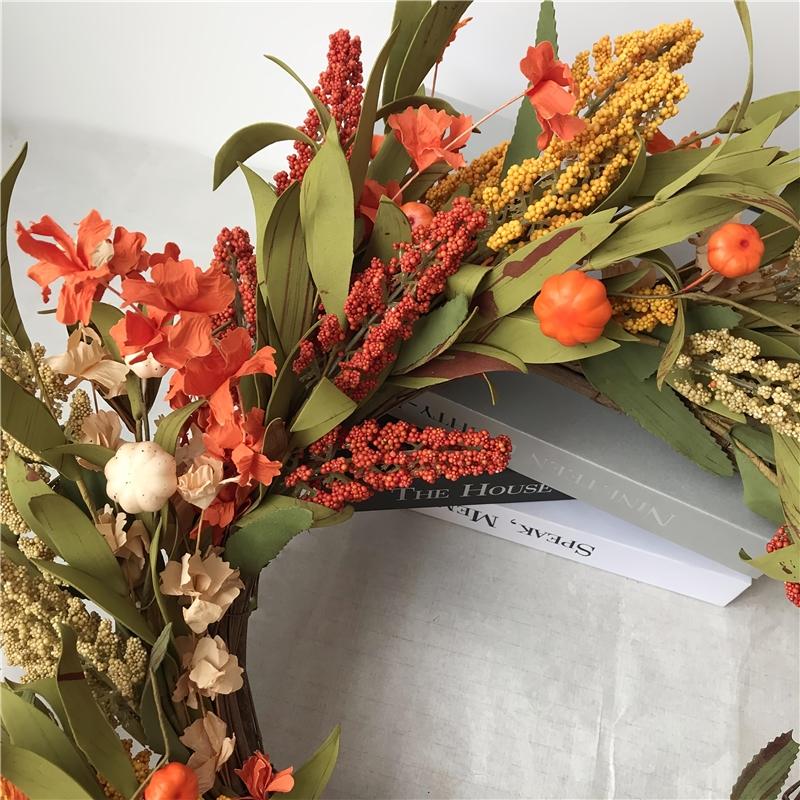 21.65-Inch Large Handmade-Style Autumn Wreath with Orange & Yellow Artificial Wheat, Pineapples, Chrysanthemums