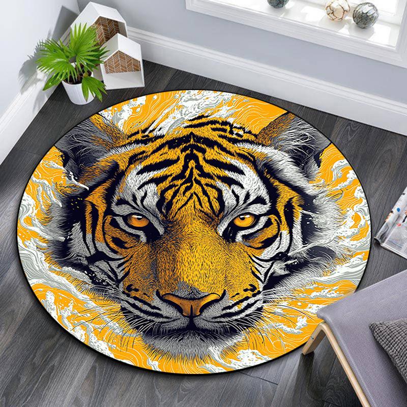 Golden Tiger Round Area Rug,Carpet Rug for Living Room Bedroom Sofa Playroom Decor,Non-slip Floor Mat