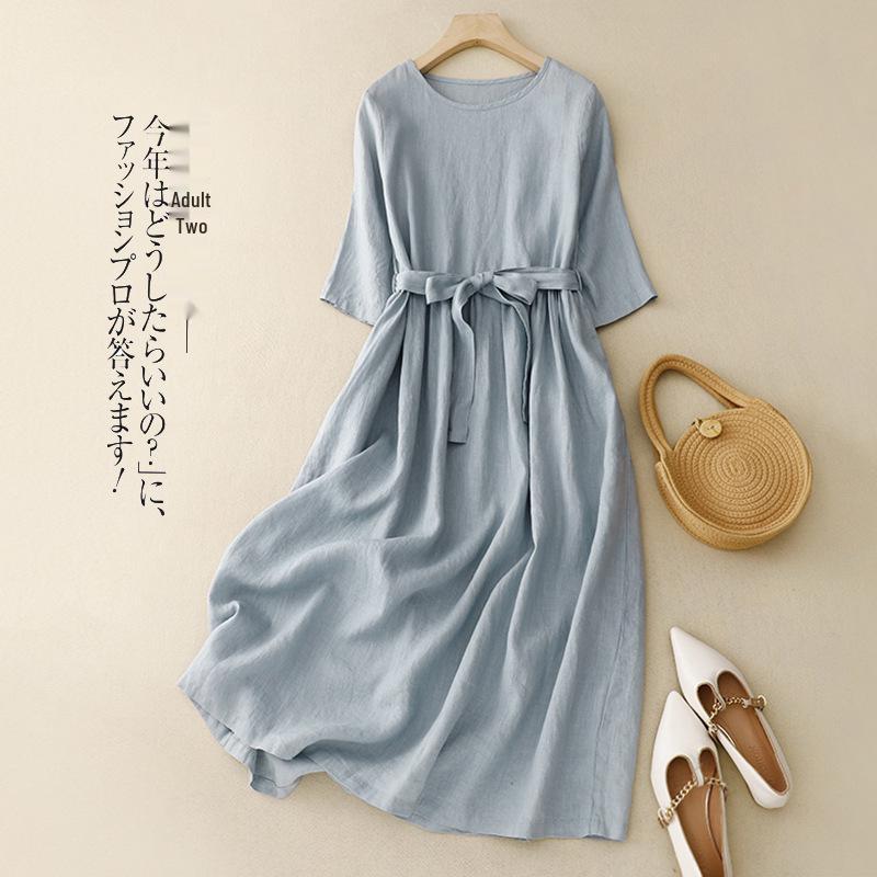 

Элегантное летнее хлопково-льняное платье 2024 - Классический круглый вырез, Рукав средней длины, Пояс на завязках, Широкий подол XL светло-синий