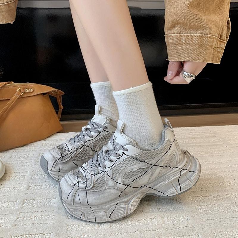 Colorblock Sneakers Autumn New Round Toe Deep Mouth Front Lace-Up Mesh Breathable Platform Non-Slip Sneakers