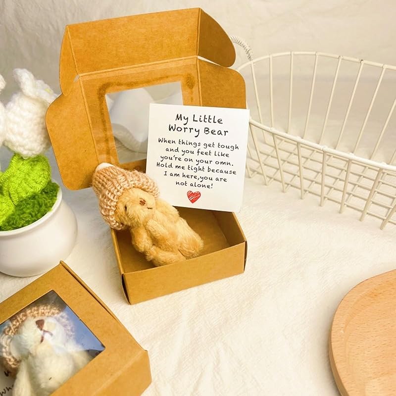 Handmade Mini Plush Teddy Bear in Box, Little Bear in A Box, My Little Worry Bears, Mini Pocket Bears Hug Plush with Emotional Uplifting Support