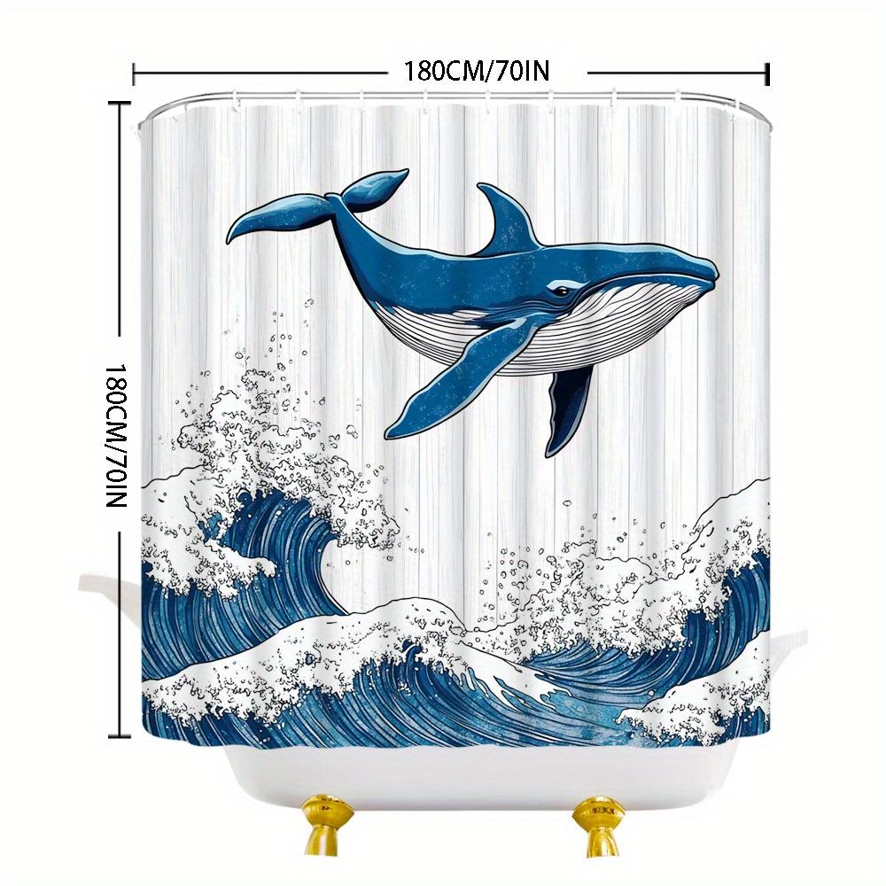 Blue Whale Ukiyo-e Shower Curtain – Majestic Whale Over Turbulent Waves, 70x70" Polyester with Hooks, Serene Nature Bath Decor