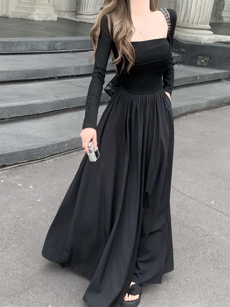 Elegant Square Neck A-Line Dress - Women's Early Spring 2026 Arrival, Long Sleeve, Waist-Cinched Fake Two-Piece Design.