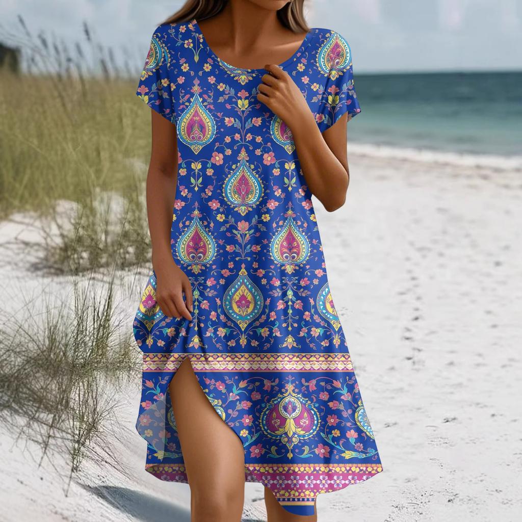 Sukienka Boho z krótkim rękawem dla kobiet, luźna, letnia, swobodna, z nadrukiem kwiatowym i kieszeniami