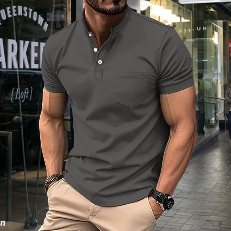 

Mens Casual Solid Color Henley Collar Short Sleeve Polo Shirt With Pocket S серый