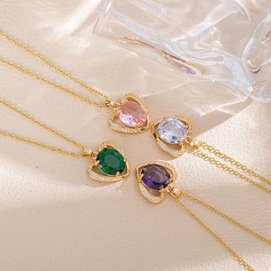 Simple Titanium Steel Necklace: European & American Style, Colorful Zircon Peach Heart Pendant, 14K Gold-Plated with Lasting Color.