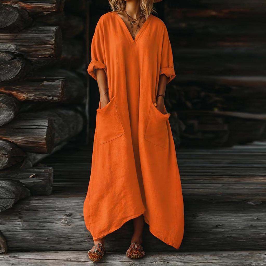 Women's V-neck Long Dress With Pockets