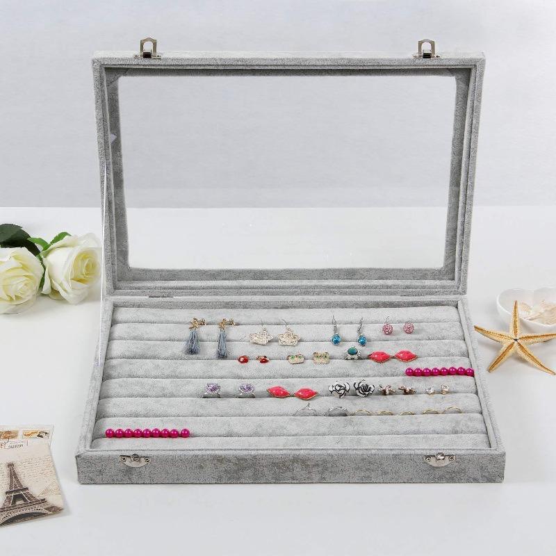 Большая светло-серая бархатная шкатулка для украшений с крышкой - шкатулка для колец, шкатулка для ожерелий, витрина для украшений