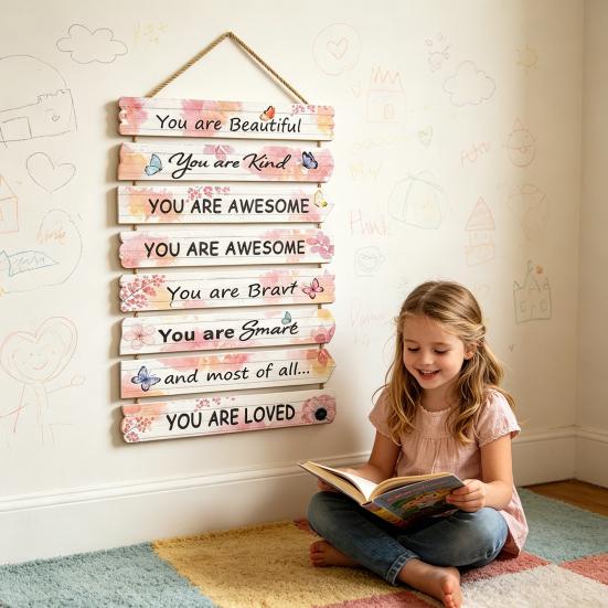 Inspirational Girl Room Decor Motivational Wall Art Plaque Positive Affirmations Hanging Wooden Sign for Girls Kids Room Nursery Toddlers Playroom