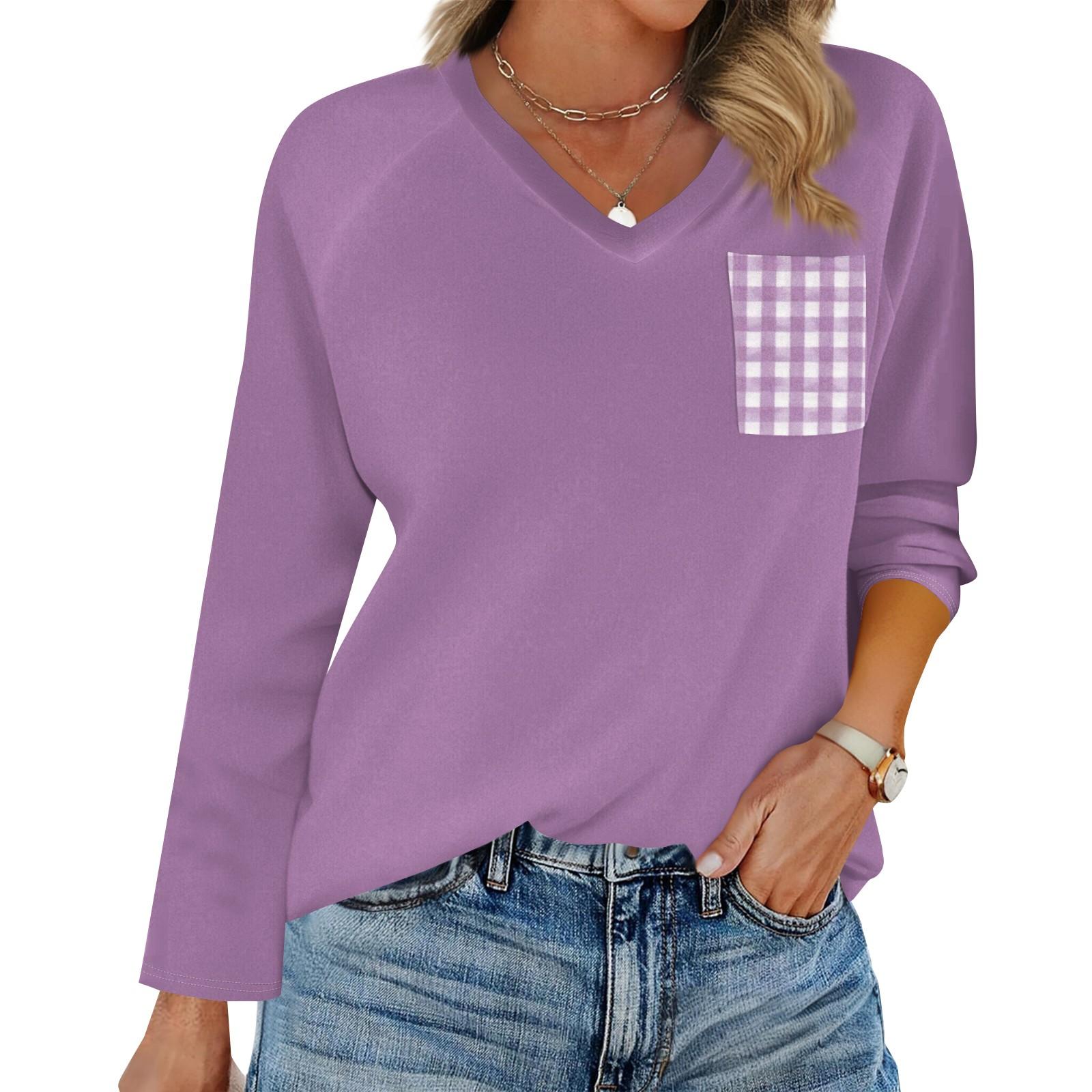 

Женская футболка реглан с длинным рукавом, V-образным вырезом, вставками однотонного цвета, повседневный топ-пуловер, V-образный вырез, карман, базовая рубашка S фиолетовый