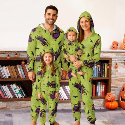 Halloween Printed Family Matching Hooded Long Sleeved Zippered Hooded  Jumpsuit Set