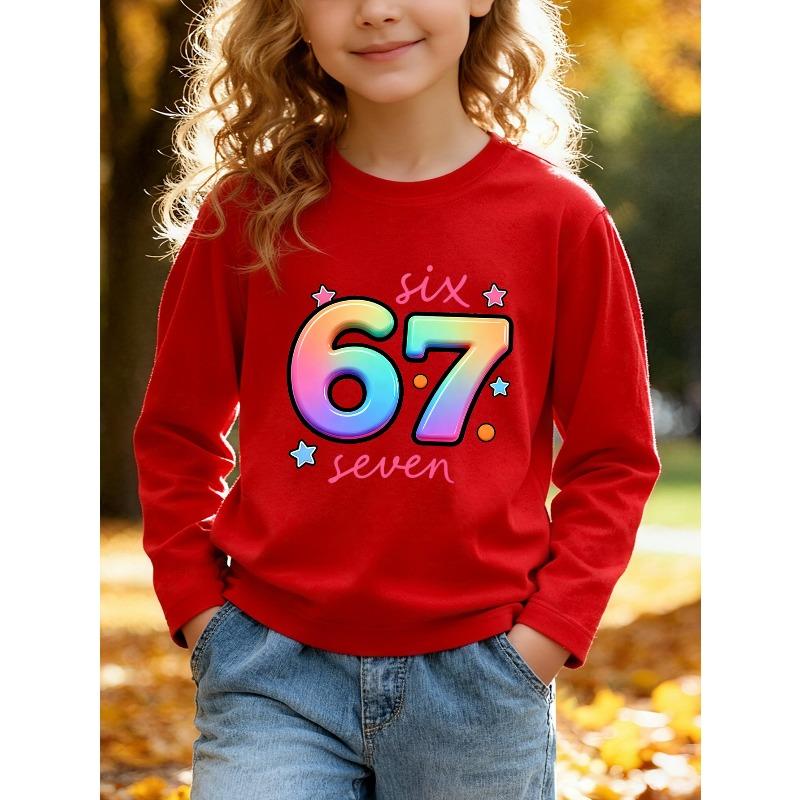 Kids Unisex Crewneck Sweatshirt, Rainbow Gradient Bubble 67 Six Seven Star Dot Print Long Sleeve Pullover, Soft Sweatshirts for Boys Girls Ages 4+