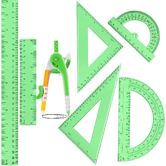 Zonon 1 Set Plastic Geometry Math Set 7 Pcs Includes 6'' / 4 '' Protractor, Drawing Compass, 45/60 Degree Triangle Rulers, 12'' / 6'' Math Ruler