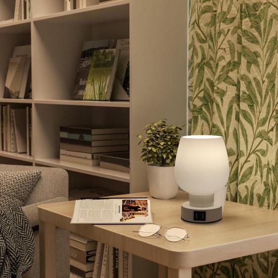 LED Desk Lamp with White Glass Shade Dimmable Flicker Free Easy To Install Touch Control LED Desk Light Small Bedside Lamp