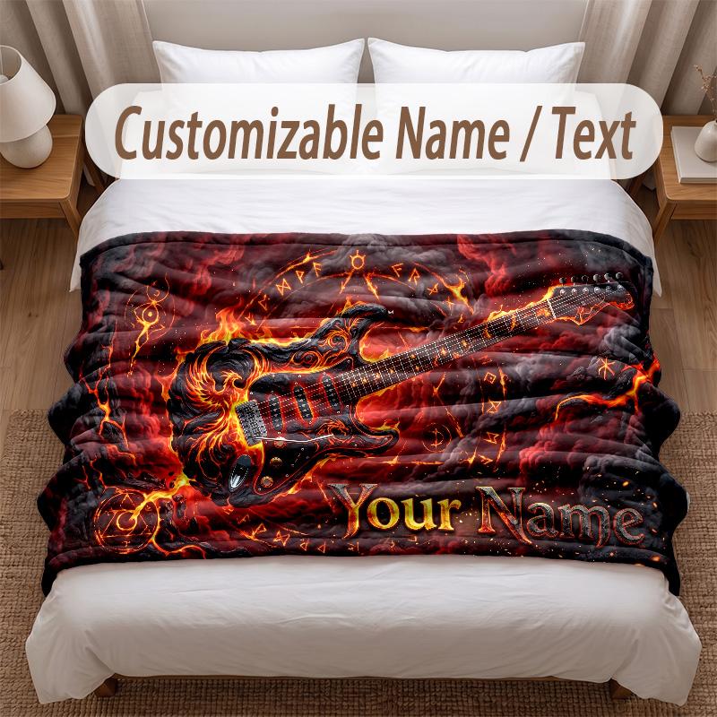 Music Guitar Theme Soft Blanket Personalized Custom Name Text Print Warm Blanket Home Sofa Bedroom Decor