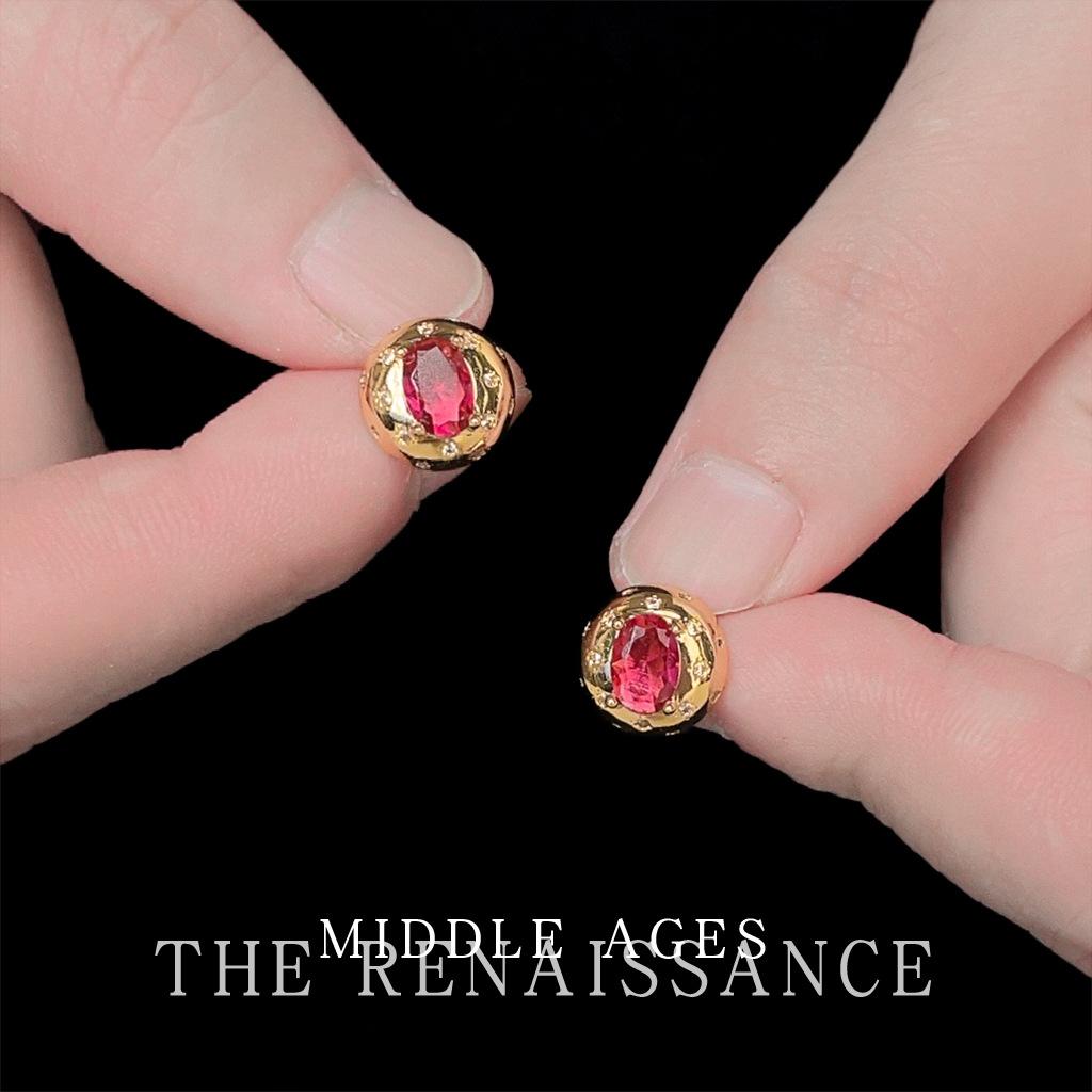 Light retro red zircon stud earrings geometric oval versatile earrings ear jewelry