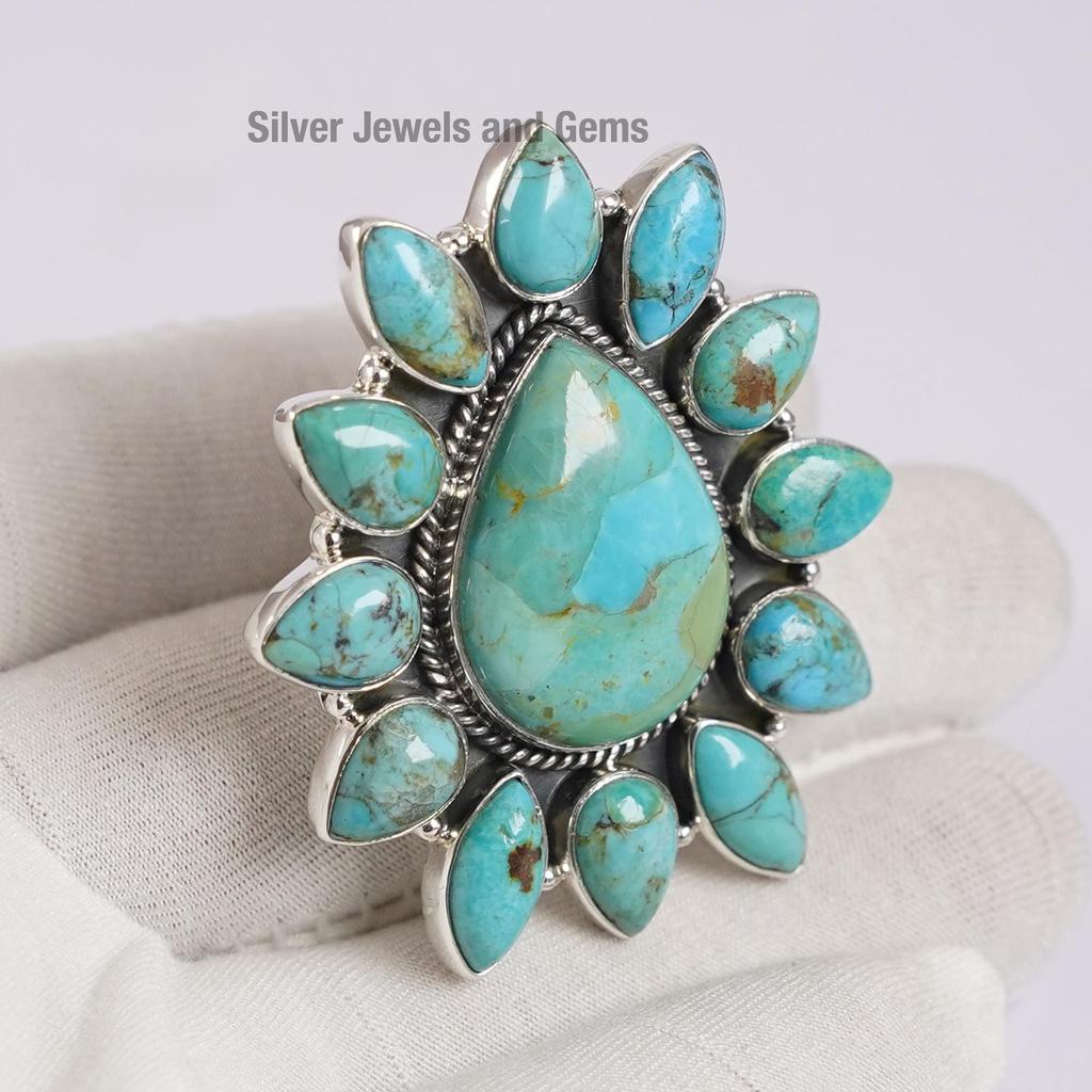 Natural Turquoise Ring, Arizona Turquoise Jewelry, Designer Ring, 925 Sterling Silver Ring, Wedding Gift, Statement Cluster Handmade Ring