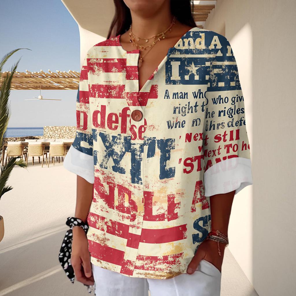 Women's Fashion Casual Button V-Neck Cotton And Linen Independence Day Printed Seven Sleeve T-Shirt Top