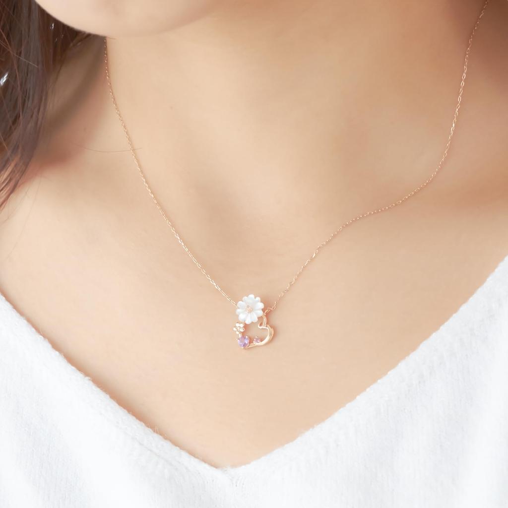 BLOOM 10K Pink February Birth [Official] Women's Necklace, Gold, Flower, Daisy, 0452-6572-0019-0000