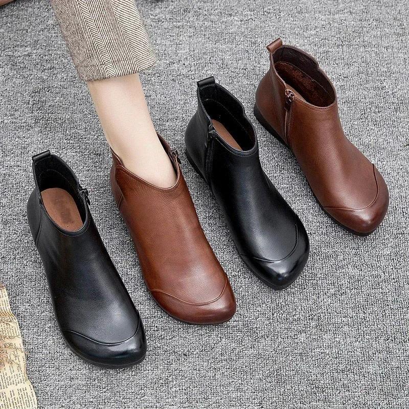 Spring Flat Women's Shoes 2025 Fashion Ankle Boots Retro Casual Plus Size Short Boots Zipper Solid Color Warm Flat Zapatos Mujer