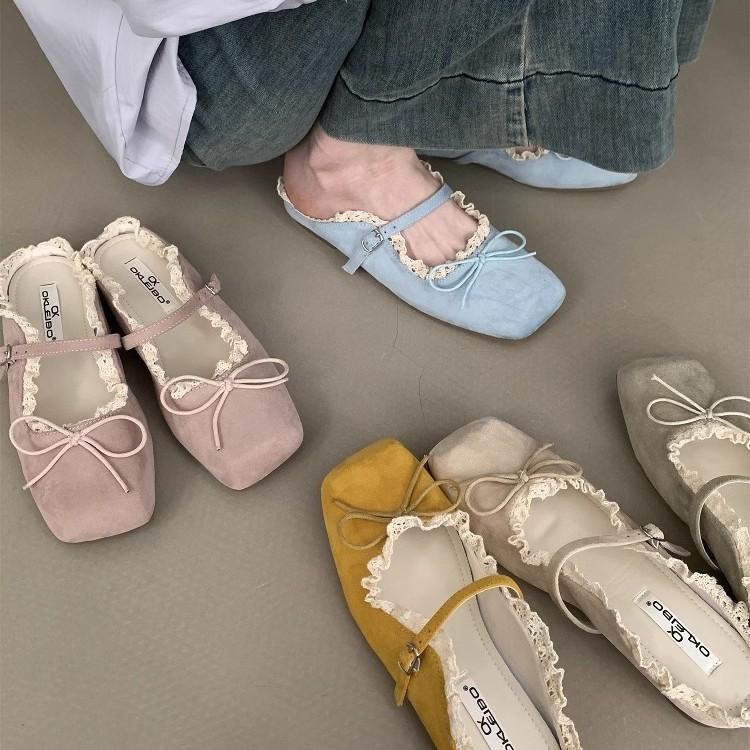 Evening Women's Shoes Gentle Flat French Mary Jane Half Slippers Bow Single Shoes Spring and Summer Retro Blue Ballet Shoes
