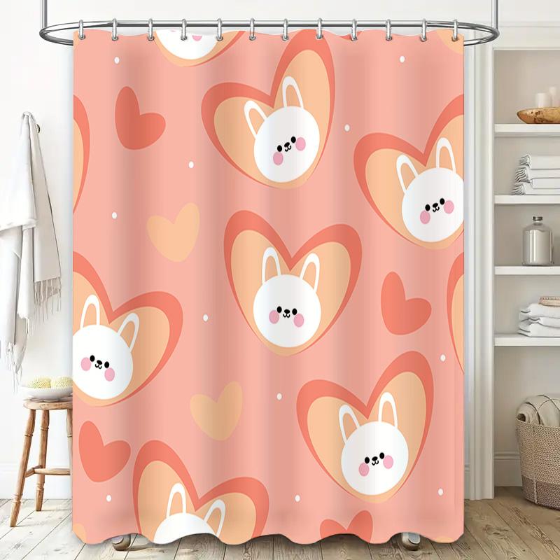 Pink Bunny Heart Shower Curtain Cute Animal Print Bathroom Decor