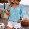 Women Square Neck Linen Blouse Half Button Loose Boho Casual Summer Top