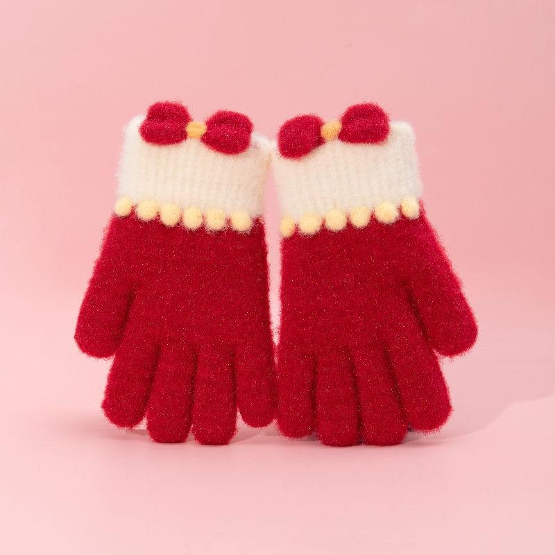 Rękawiczki Jesienno-Zimowe Odporne na Zimno Pogrubione Kokardka Pełne Palce Rękawiczki Dziecięce Rękawiczki Dzianinowe Wiatroodporne Termiczne Grube Rękawiczki Śnieżne