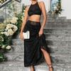 European and American fashion neck strap set skirt, three-dimensional rose backless short top and long skirt two-piece set
