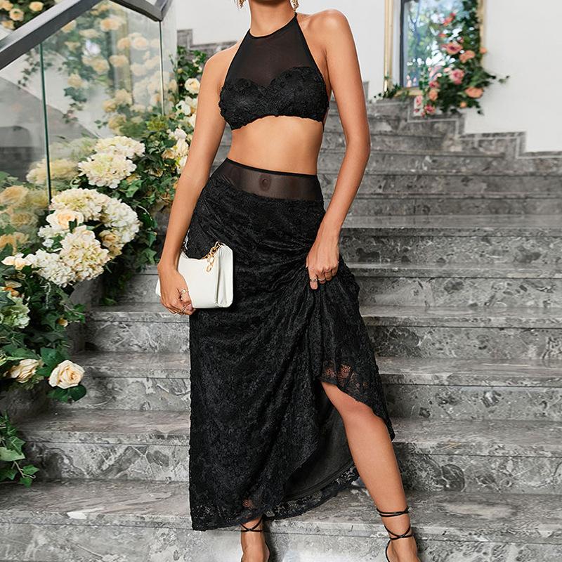 European and American fashion neck strap set skirt, three-dimensional rose backless short top and long skirt two-piece set