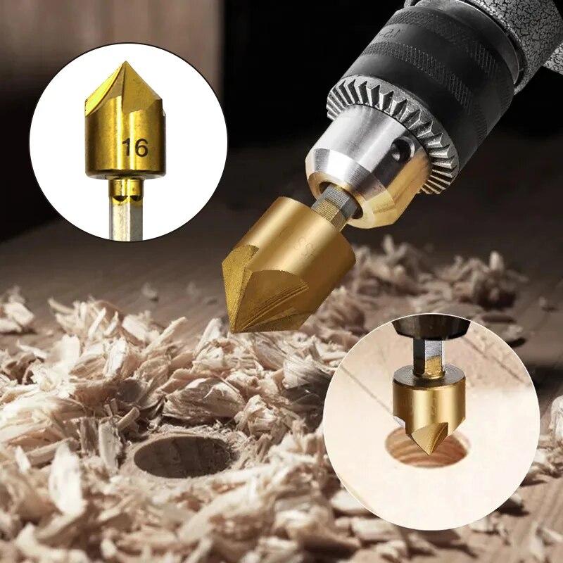 6PC Hexagonal Handle Titanium Plated Five Edge Chamfering Knife Countersunk Drill 6-19mm Woodworking Spot Facer Tool Set