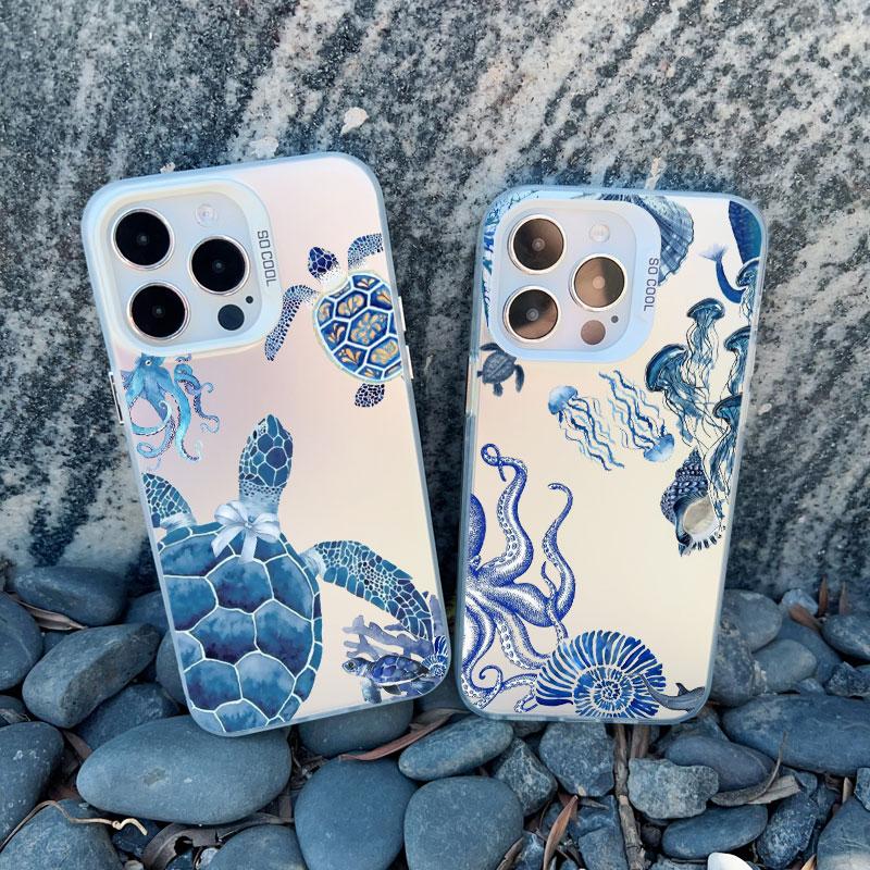 Cool Ocean Turtle Pattern Phone Case For iPhone 15 14 Pro Max 11 12 13 Pro Max Mini 15 Plus Sea Blue Turtle Design Laser Covers