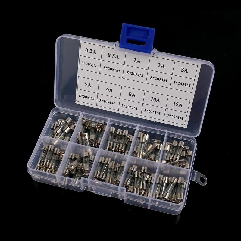100Pcs 5x20mm Fast Blow 0.2A-15A Auto Car Truck Glass Tube Fuses Assorted Kit