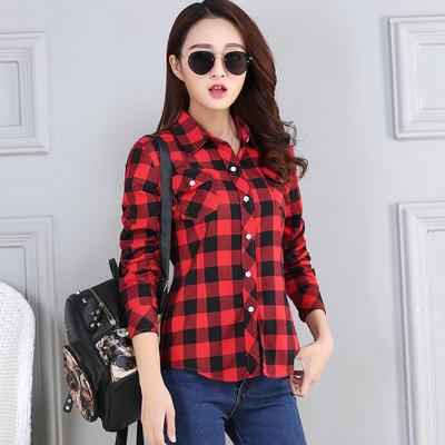 Women's Spring and Autumn Plaid Shirt Large Size Casual Loose Shirt Office Shirt