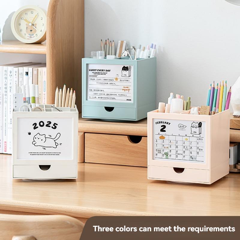 360-degree Rotating Desk Calendar Pen Holder Cute Cat Desktop Stationery Organizer Multi Functional Desk Calendar