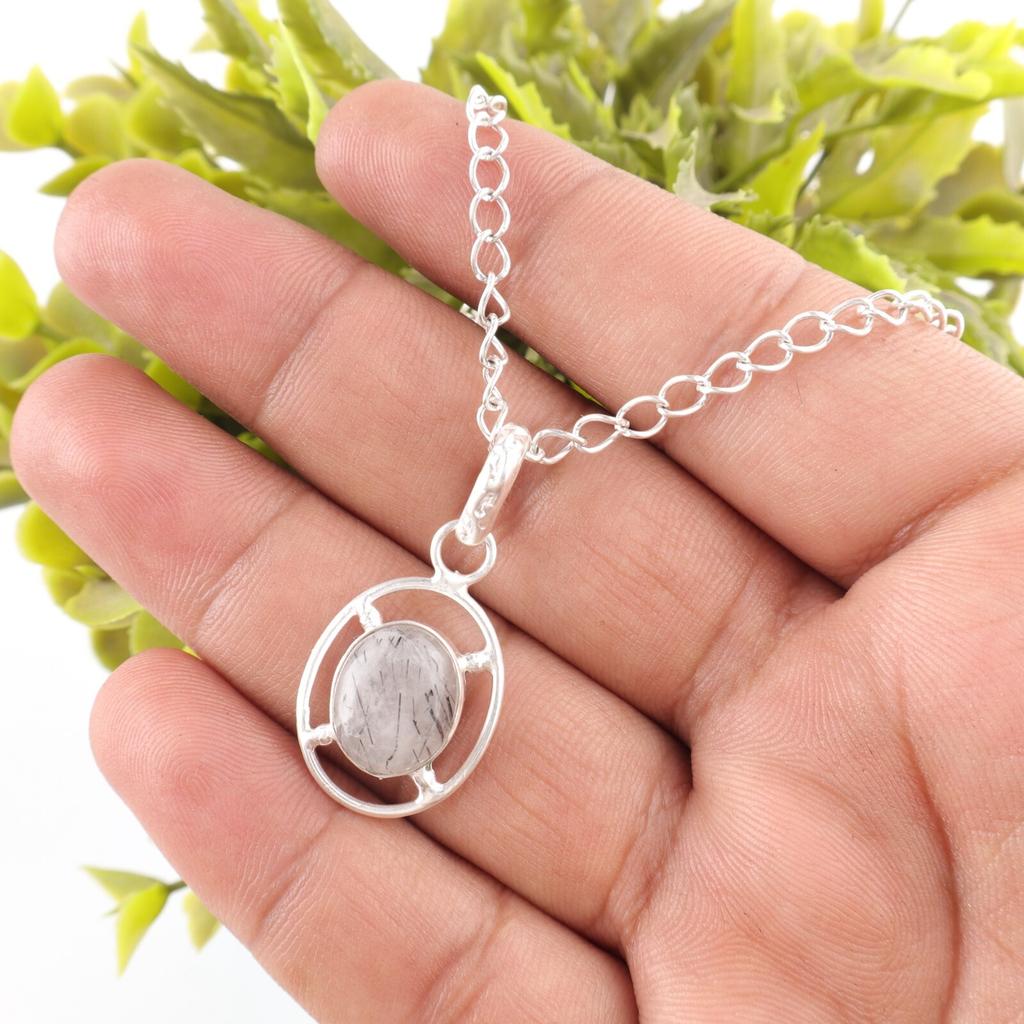 Oval Black Rutile Gemstone Sterling Silver Engagement Gift Wedding Boho Pendant PP-6-26