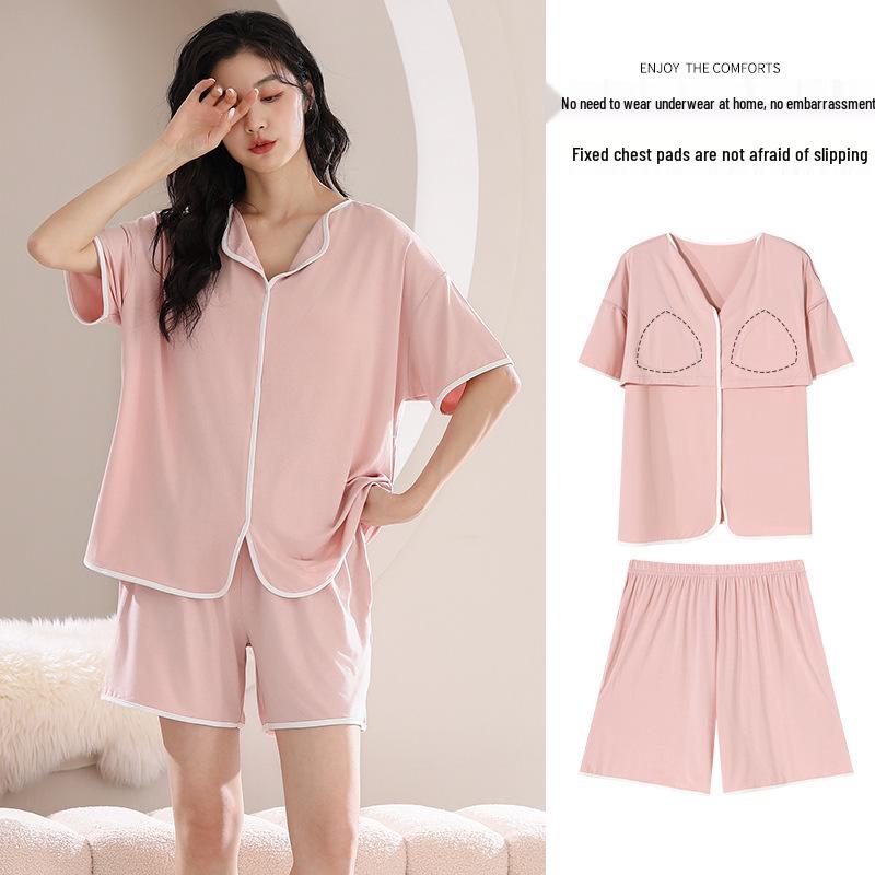 Pijama de Modal Refrigerante para Mujer con Sujetador Incorporado, Manga Corta, Amigable con la Piel, Color Sólido, Adecuado para Usar al Aire Libre