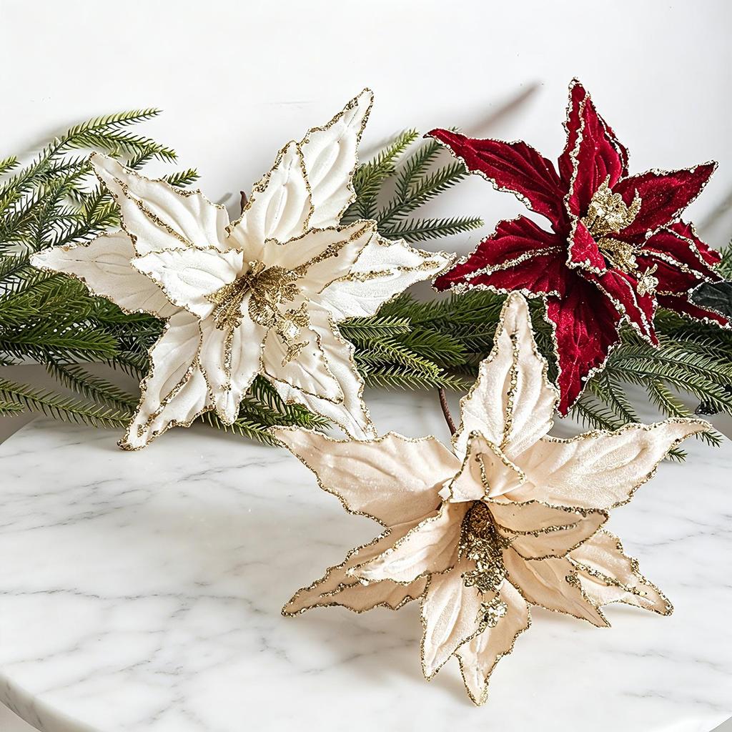 Hochwertige 26CM Weihnachtsblumen-Dekoration: Rot Gold Pailletten Samt Künstliche Blume Aufkleber