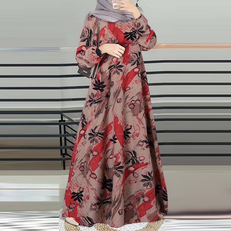ZANZEA Women Casual O-neck Long Sleeve Print Long Dress
