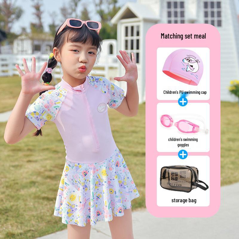 2024 Girls' Cute Skirt-Style One-Piece Swimsuit: Short Sleeve, Sun Protection, Quick-Dry. Sizes for Young To Middle-Aged Kids.