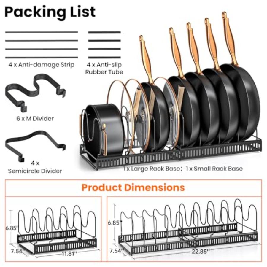 Pots and Pans Organizer Rack for under Cabinet Expandable 11.81''-22.85'' Pot Lid Kitchen Cabinet Organizer Holder with 10 Adju
