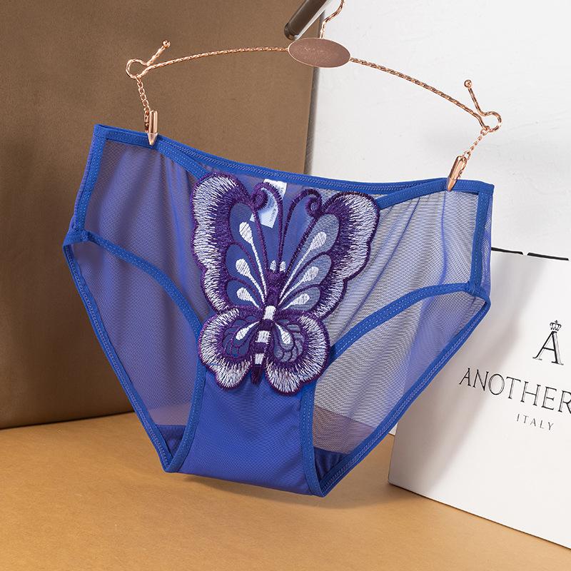 Plus-size Ladies Summer Lace Butterfly Embroidery Hollow Mesh Cotton Crotch Waist Panties