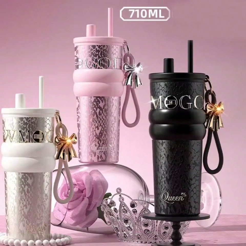 710ml Travel Thermos with Straw and Leak-Proof Lid, Stainless Steel Metal Water Bottle for Hot and Cold Coffee Drinks