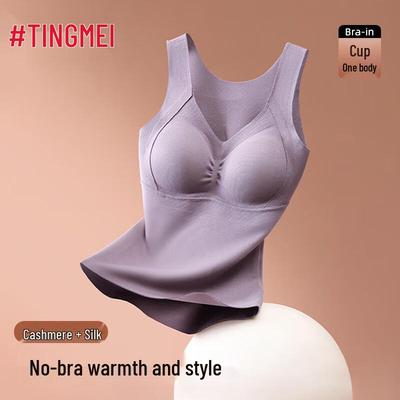 TINGMEI Women's Seamless Wool-Silk Thermal Vest with Built-in Bra