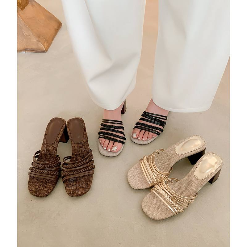 Krazing Pot Straw Weaving Handmade Summer Size 40 Sexy Beauty Dance Shoes Slip On French Chic Chunky Heels Women Peep Toe Sandals