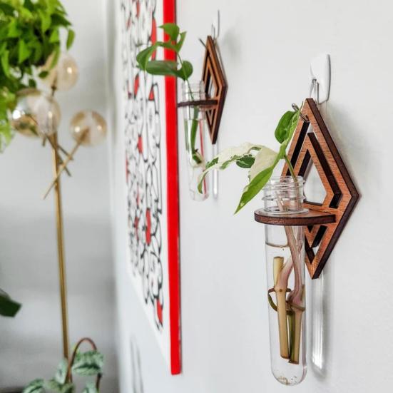 Wall Air Plant Holder Wooden Geometric Air Plant Stand Rustic Wall Mount Planter for Home Living Room Bedroom Decor