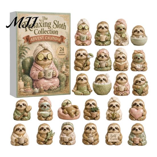 Cute Sloth Pendant Set Advent Calendar, 24Pcs Acrylic 2D Ornament Holiday Collectibles with Vintage Warm-Tone Designs, Christmas Tree Hanging