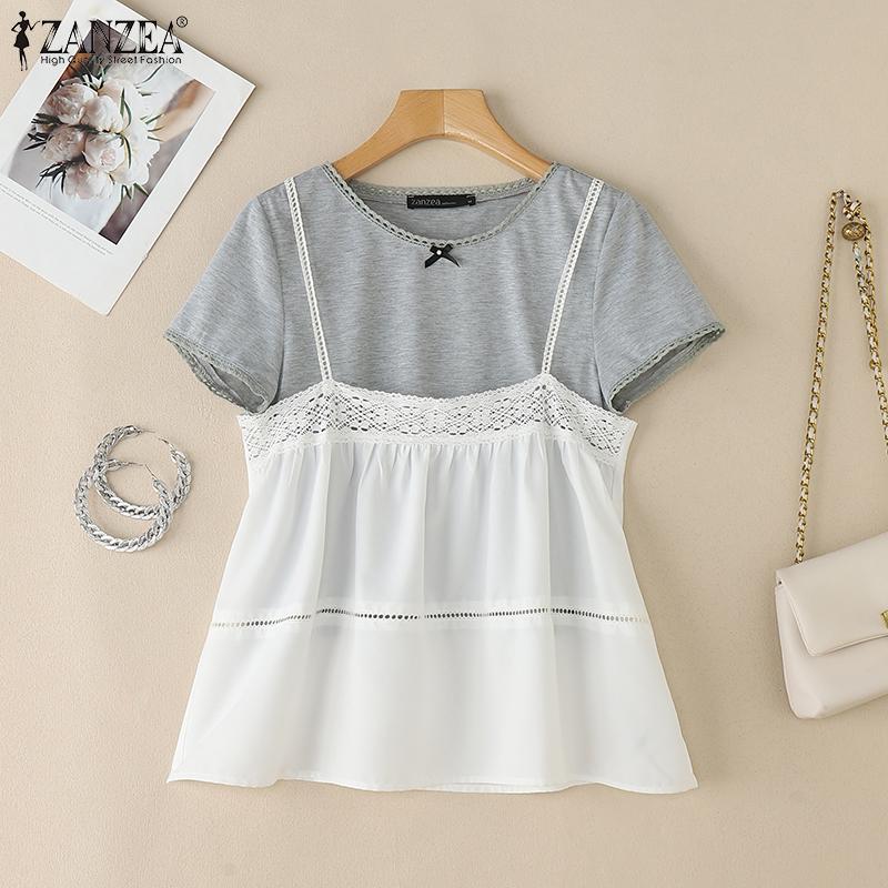 

ZANZEA Women Summer Round Neck Casual Patchwork Short Sleeve T-shirts 5XL білий