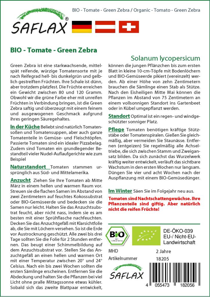 SAFLAX Organic - Tomato - Green Zebra - 10 Seeds - Solanum Lycopersicum