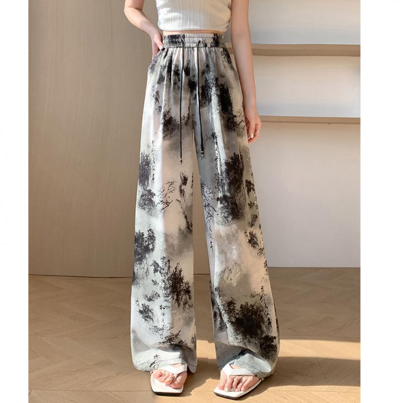 Chinese Style Ink Wash Tie-Dye High-Waisted Wide-Leg Ice Silk Pants for Women